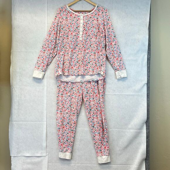 CUDDL DUDS Women Pajama Set M Pink Hearts Henley Long Sleeve 2-Piece Lounge - Picture 1 of 16
